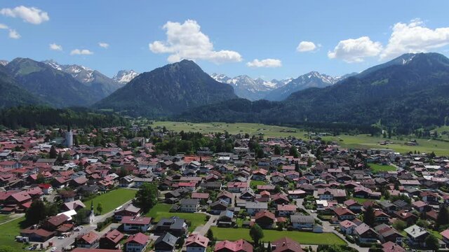 Aerial view over the city of Oberstdorf Bavaria Germany - capital of annual Ski Jump tournament