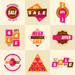 Set of retro sale badge. Stickers premium quality vintage style for social media ads and banners, website badges, marketing, labels and stickers for online shopping templates. Vector illustration.