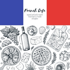 French food top view, Hand drawn. Classic French dishes. Food menu design template. Hand drawn sketch vector illustration. Cheese, wine, bakery, desserts, gourmet food.