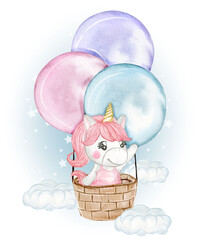 Cute unicorn girl fly with a air balloon