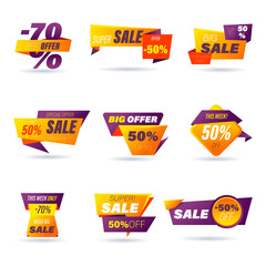 Set of retail sale badge. Stickers online shopping origami style for social media ads and banners, website badges, marketing, labels and stickers for products promotion template. Vector illustration.