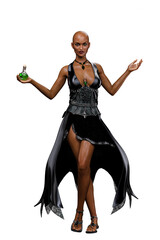 Black Witch Woman in Black Dress, 3D Rendering, 3D illustration