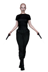 Caucasian Urban Fantasy Woman with Gun on Isolated White Background, 3D Rendering 3D illustration