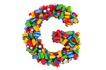Letter G from colored metallic drink cans, 3D rendering