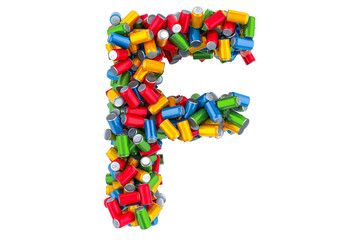 Letter F from colored metallic drink cans, 3D rendering