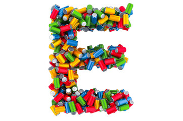 Letter E from colored metallic drink cans, 3D rendering