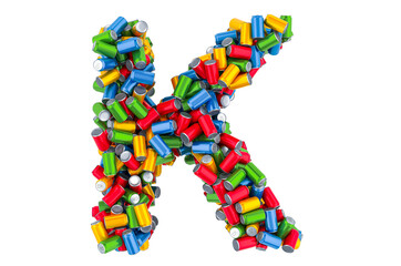 Letter K from colored metallic drink cans, 3D rendering