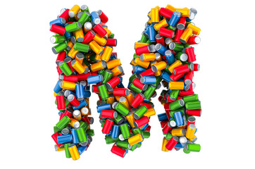 Letter M from colored metallic drink cans, 3D rendering