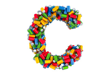 Letter C from colored metallic drink cans, 3D rendering