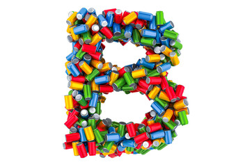 Letter B from colored metallic drink cans, 3D rendering