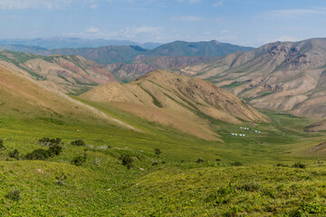 Fototapeta na wymiar Green valleys with yurt camps near Song Kul lake, Kyrgyzstan