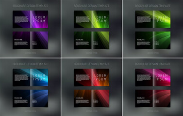 Set of vector brochure, booklet, presentation design templates with dark backgrounds and colorful light rays