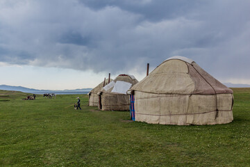 SONG KUL, KYRGYZSTAN - JULY 23, 2018: Yurt camp near Song Kul lake, Kyrgyzstan