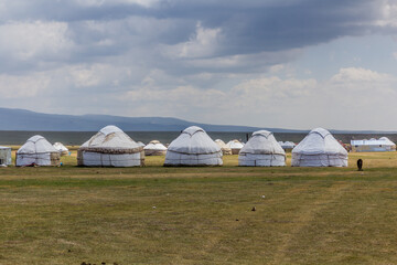 Fototapeta na wymiar Yurt camp near Song Kul lake, Kyrgyzstan