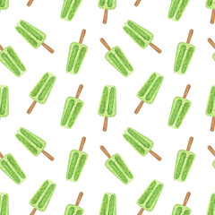 Repeat pattern of kiwi ice cream fruity juice watercolor food illustration, seamless sweet dessert for summer or holiday, summer menu design, hand drawn pattern of tasty treat