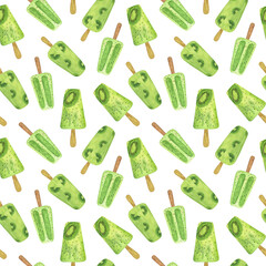 Repeat pattern of kiwi ice cream fruity juice watercolor food illustration, seamless sweet dessert for summer or holiday, summer menu design, hand drawn pattern of tasty treat