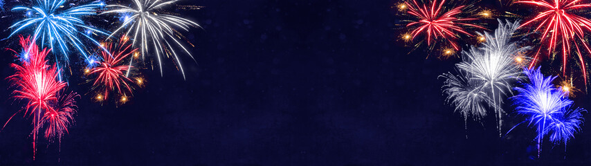 America background panorama - Festive firework in the colors from the flag from united states of america, isolated on dark blue texture, with space for text