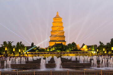 Fountains in front of the Big Wild Goose Pagoda in Xi'an, China