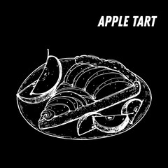 French dessert apple tart sketch. French pastries . Food menu design template. Hand drawn sketch vector illustration.