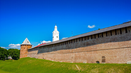 Fototapeta na wymiar It's Walls of the Novgorod Kremlin. Historic Monuments of Novgorod and Surroundings, UNESCO World Heritage Site, Novgorod, Russia