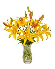 Flowers yellow lily bouquet in a vase isolated on white background. Flat lay, top view. Love....