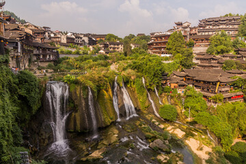 Fototapeta na wymiar View of Furong Zhen town and waterfall, Hunan province, China