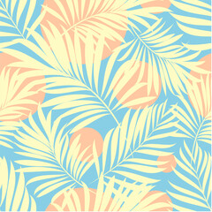 Palm leaves. Seamless cartoon pattern with tropical plants suitable for decoration of fabrics, textiles, packaging, perfumes, illustrations, magazines. Set of vector posters.