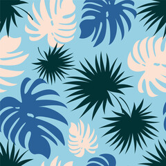 Fototapeta premium Palm leaves. Seamless cartoon pattern with tropical plants suitable for decoration of fabrics, textiles, packaging, perfumes, illustrations, magazines. Set of vector posters.