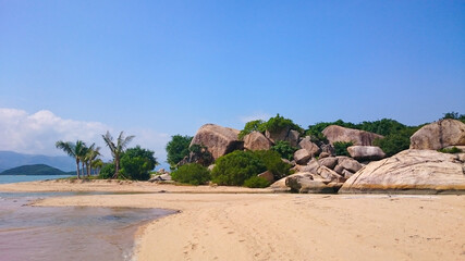 Rocks and palm trees of a sandy sea beach with mountains in the background © Raman