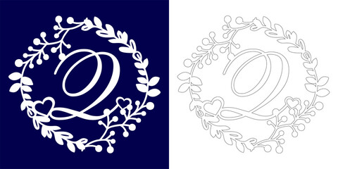 Vector wedding initial monogram for laser cutting. Letter Q of the decorative monogram in a floral frame. The perfect gift for wedding day. Holiday decoration. Holiday frame, border. Vector template.
