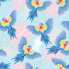 Fototapeta na wymiar Parrots on the background of palm branches and leaves. Tropical seamless pattern. Vector image.