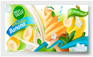 3d Soft Ice Cream with Banana in a Waffle Cone.Vector realistic image of Banana, purified fruit.Picture for sale of fruit and ice cream. Label, wrapper, poster, leaflet.