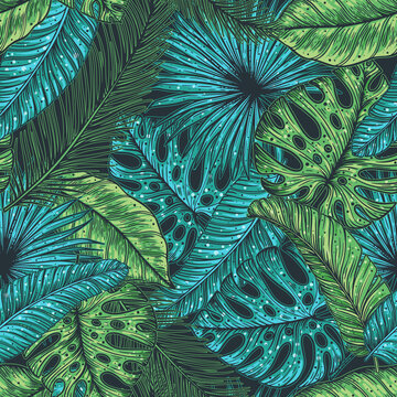 Tropical palm leaves seamless pattern. Vector illustration leaves of palm. Jungle pattern. Print on cloth template. Beautiful design for textiles.