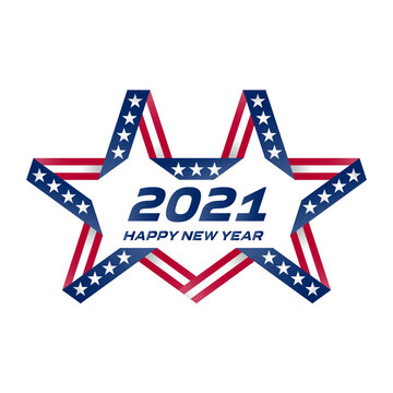 Happy New Year 2021. Vector flyer with USA flag colors and symbols. Original image for a greeting card.
