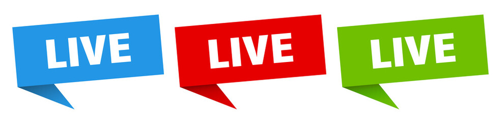 live banner. live speech bubble label set. live sign