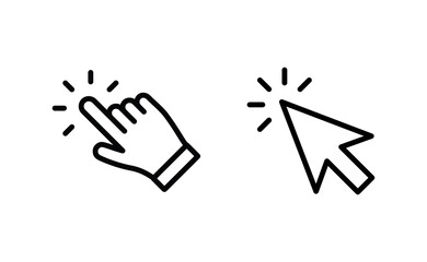 Hand and arrow clicking pointers. Click icons.