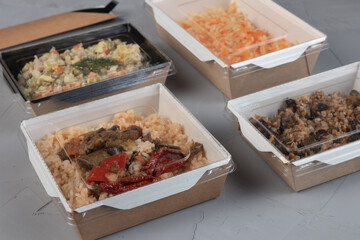 Food in eco packaging - lunch boxes for delivery.
