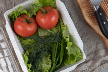 Vegetables in eco packaging - tomatoes, fresh green salad and dill in a lunch box for delivery.