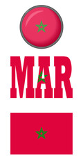 The flag of Morocco icon is set on a white background. Vector image: flag of Morocco, button and abbreviation. You can use it to create a website, print brochures, booklets, leaflets, or a guidebook.