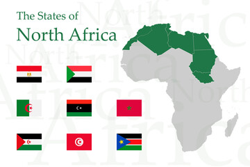 Obraz premium A set of icons for flags of North African countries. Vector image of flags and maps of Africa on a white background. You can use it to create a website, print brochures, booklets, flyers, travel guide
