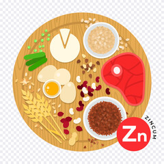 Vitamin Zn vector illustration in flat style. Products containing zincum. Healthy lifestyle and diet concept.