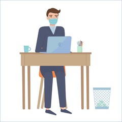 Man in suit and protective face mask siting at table.Remote work, online education,home office, quarantine effects concept.Stock vector illustration isolated on white background in flat cartoon style.