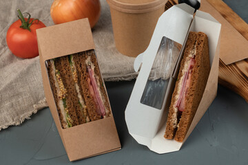 Soup and sandwiches in eco packaging - with fresh vegetables, tuna, lean vegetable ham. Vegan food.