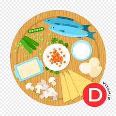 Vitamin D vector illustration in flat design. Foods containing useful nutritional components.