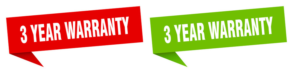 3 year warranty banner. 3 year warranty speech bubble label set. 3 year warranty sign