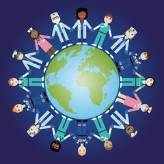 Medical workers of different nationalities around the world. Vector illustration of a flat design.