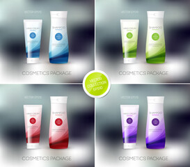 Vector cosmetics package design template, mockup. Shampoo bottle, conditioner, cream, tube, personal care products design