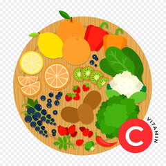 Foods containing vitamin C on wooden kitchen board flat vector illustrations.