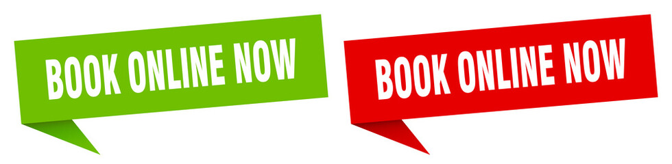 book online now banner. book online now speech bubble label set. book online now sign