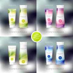 Vector cosmetics package design template, mockup. Shampoo bottle, conditioner, cream, tube, personal care products design